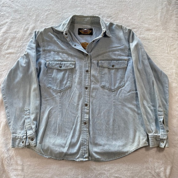 Vintage Harley-Davidson Light Wash Denim Snap Button Shirt - Picture 1 of 6